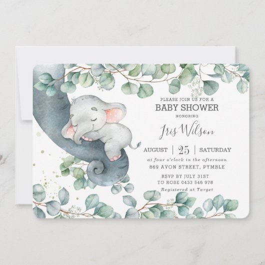 Chic Elephant Leafy Greenery Baby shower Girl Kaart (Voorkant)