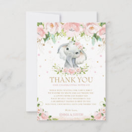 Chic Elephant Pink Floral Baby shower 1e verjaarda Bedankkaart