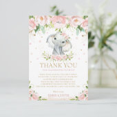 Chic Elephant Pink Floral Baby shower 1e verjaarda Bedankkaart (Staand voorkant)