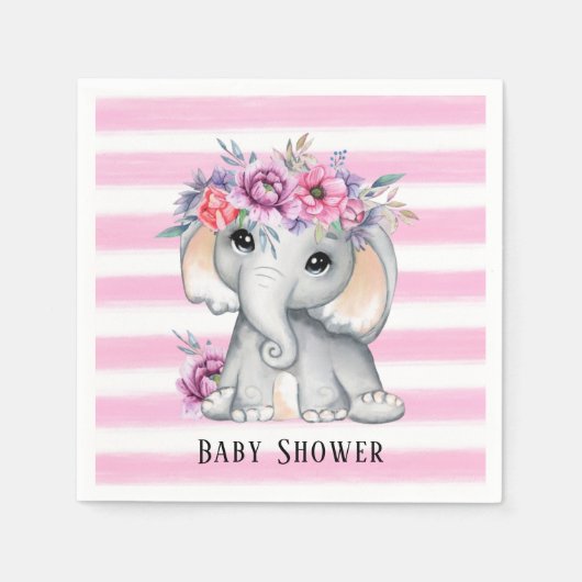 Chic Elephant Pink Floral Stripes Girl Baby shower Servet (Voorkant)