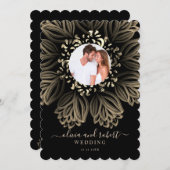 Chic Elgant Black en Gold Floral Photo Wedding Kaart (Voorkant / Achterkant)
