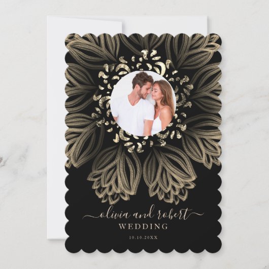 Chic Elgant Black en Gold Floral Photo Wedding Kaart (Voorkant)