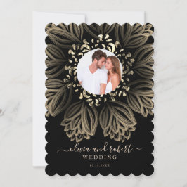 Chic Elgant Black en Gold Floral Photo Wedding Kaart