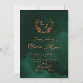 Chic Emerald Copper Calligraphy Monogram Wedding Kaart