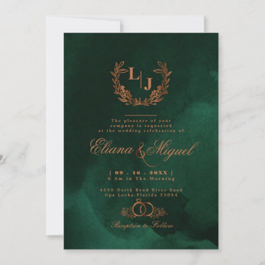 Chic Emerald Copper Calligraphy Monogram Wedding Kaart (Voorkant)