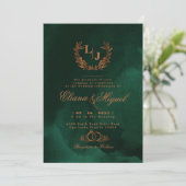 Chic Emerald Copper Calligraphy Monogram Wedding Kaart (Staand voorkant)