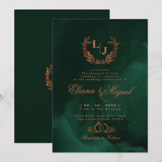 Chic Emerald Copper Calligraphy Monogram Wedding Kaart (Voorkant / Achterkant)