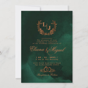 Chic Emerald Copper Calligraphy Monogram Wedding Kaart