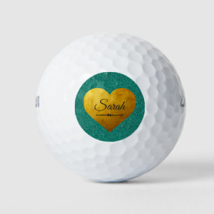 Chic Emerald Glitter Gold Heart Name Monogram Golfballen