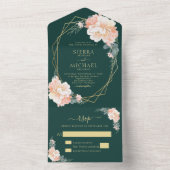 Chic Emerald Green Blush Gold Peach Floral Wedding All In One Uitnodiging (Binnen)