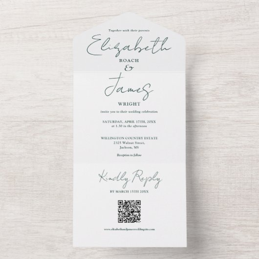 Chic Emerald Green Elegant Script QR Code Wedding All In One Uitnodiging (Binnen)