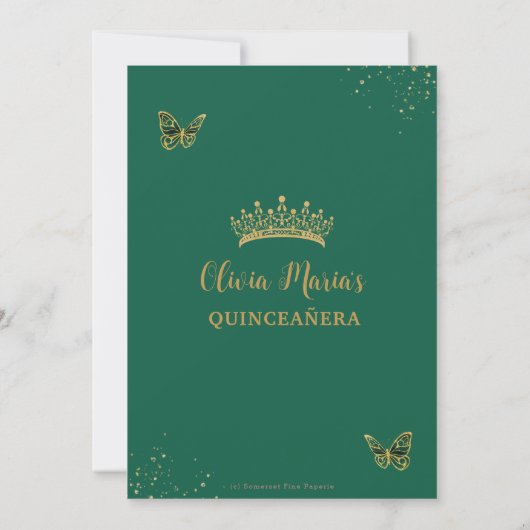 Chic Emerald Green Floral Butterflies Quinceañera Kaart (Achterkant)