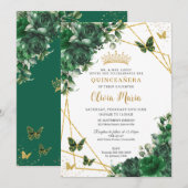 Chic Emerald Green Floral Butterflies Quinceañera Kaart (Voorkant / Achterkant)