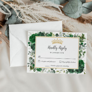 Chic Emerald Green Floral Butterflies Quinceañera RSVP Kaartje