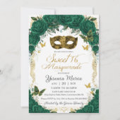 Chic Emerald Green Floral Gold Sweet 16 Masquerade Kaart (Voorkant)