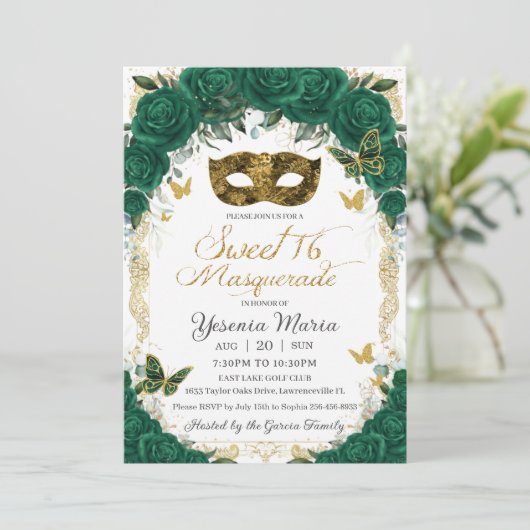 Chic Emerald Green Floral Gold Sweet 16 Masquerade Kaart (Staand voorkant)