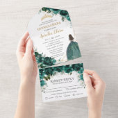 Chic Emerald Green Floral Princess Quinceañera All In One Uitnodiging (Afscheurbaar)