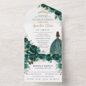 Chic Emerald Green Floral Princess Quinceañera All In One Uitnodiging (Binnen)