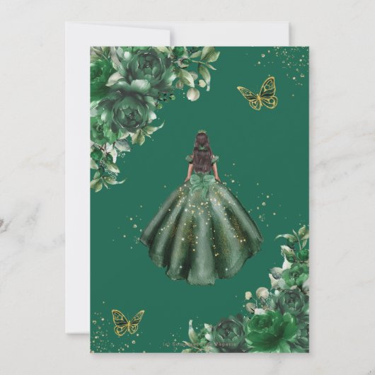 Chic Emerald Green Floral Princess Quinceañera Kaart (Achterkant)