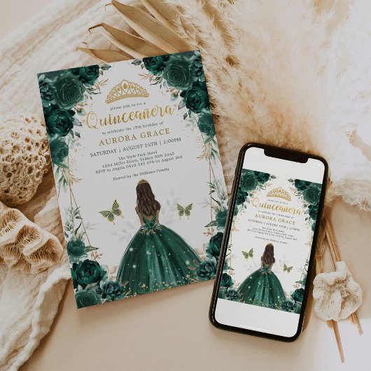 Chic Emerald Green Floral Quinceañera Princess Kaart