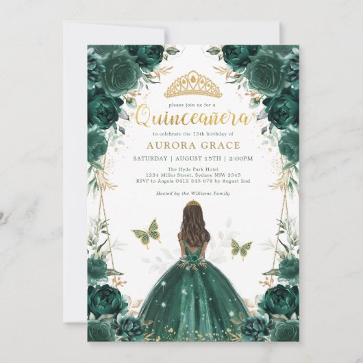 Chic Emerald Green Floral Quinceañera Princess Kaart (Voorkant)