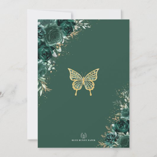 Chic Emerald Green Floral Quinceañera Princess Kaart (Achterkant)