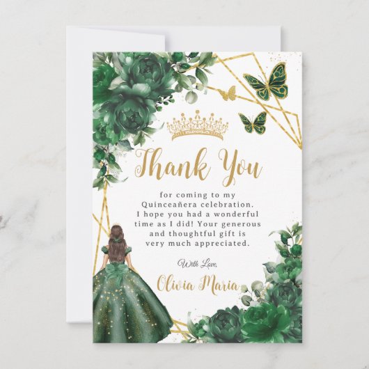Chic Emerald Green Flowers Floral Quinceañera Bedankkaart (Voorkant)