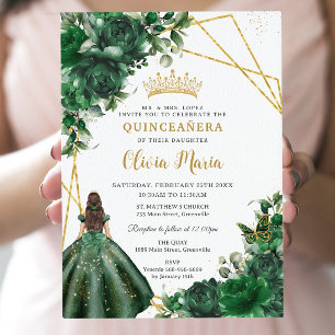 Chic Emerald Green Flowers Floral Quinceañera Kaart