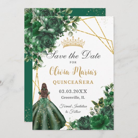 Chic Emerald Green Flowers Princess Quinceañera Save The Date (Voorkant / Achterkant)