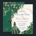 Chic Emerald Green Flowers Princess Quinceañera Save The Date<br><div class="desc">Pas deze smaragdgroene floral Quinceañera/Sweet 16-jarig aan, zodat u de datum gemakkelijk en snel kunt bewaren. Klik eenvoudig de pas het verder knoop aan om de teksten uit te geven, doopvonten en doopvonten kleuren te veranderen. Een meisje dat gekleed is in een mooie smaragdgroene jurk, groene groene groene bloemen en...</div>