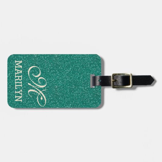 Chic Emerald Green Glitter Ivoor Custom Monogram Bagagelabel (Voorkant horizontaal)