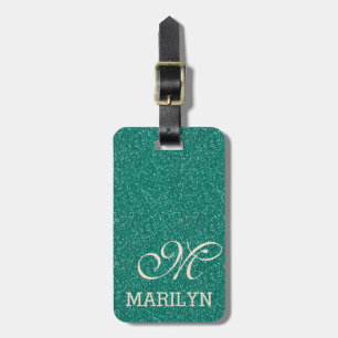 Chic Emerald Green Glitter Ivoor Custom Monogram Bagagelabel