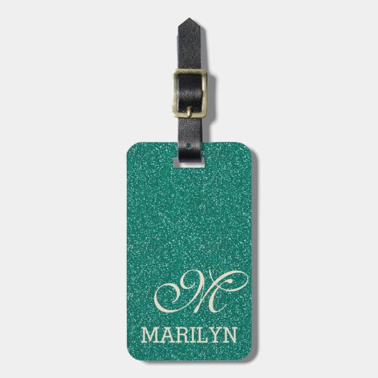 Chic Emerald Green Glitter Ivoor Custom Monogram Bagagelabel (Voorkant verticaal)
