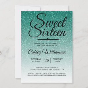 Chic Emerald Green Glitter Ombre Sweet 16 Birthday Kaart