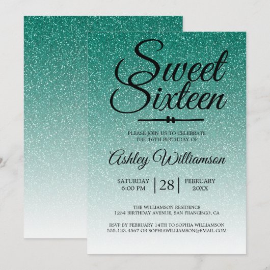Chic Emerald Green Glitter Ombre Sweet 16 Verjaard Kaart (Voorkant / Achterkant)