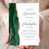 Chic Emerald Green Gold Agate Script Wedding Kaart
