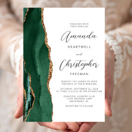 Chic Emerald Green Gold Agate Script Wedding Kaart