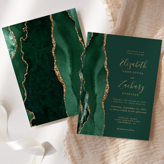 Chic Emerald Green Gold Agate Wedding Kaart