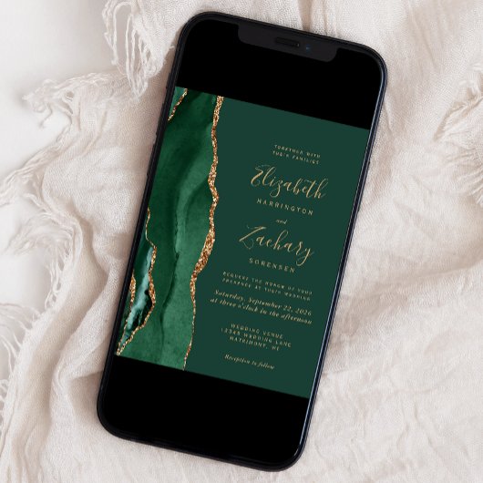 Chic Emerald Green Gold Agate Wedding Kaart