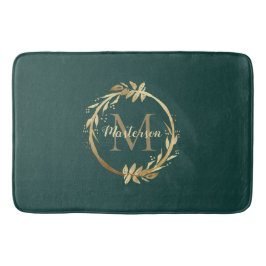 Chic Emerald Green Gold Monogram Eucalyptus Wreath Badmat