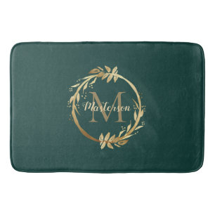 Chic Emerald Green Gold Monogram Eucalyptus Wreath Badmat