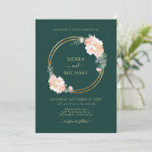 Chic Emerald Green Gold Rings Blush Floral Wedding Kaart (Staand voorkant)