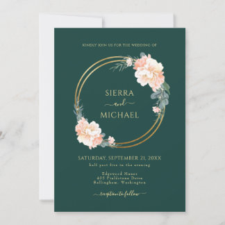 Chic Emerald Green Gold Rings Blush Floral Wedding Kaart