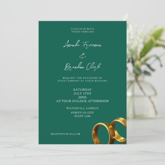 Chic Emerald Green Gold Rings Wedding Kaart (Staand voorkant)