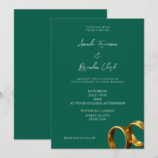 Chic Emerald Green Gold Rings Wedding Kaart (Voorkant / Achterkant)