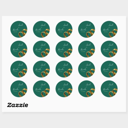 Chic Emerald Green Gold Rings Wedding Ronde Sticker (Vel)