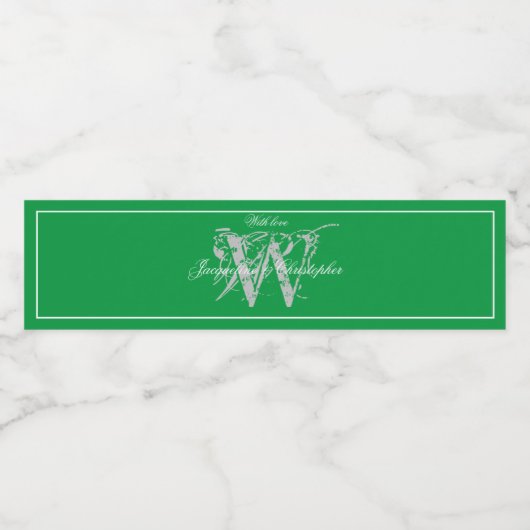 Chic Emerald Green Monogram Names Cute Wedding Waterfles Etiket (Enkel label)