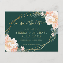 Chic Emerald Green Peach Gold Floral Save the Date Aankondigingskaart