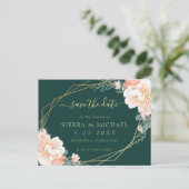 Chic Emerald Green Peach Gold Floral Save the Date Aankondigingskaart (Staand voorkant)