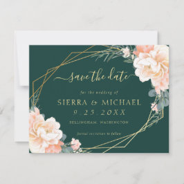 Chic Emerald Green Peach Gold Floral Save the Date Kaart